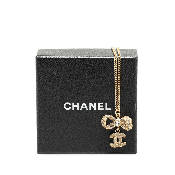CHANEL Gold Plated CC Crystal Ribbon Bow Pendant Necklace Costume Necklace - Picture 5 of 5